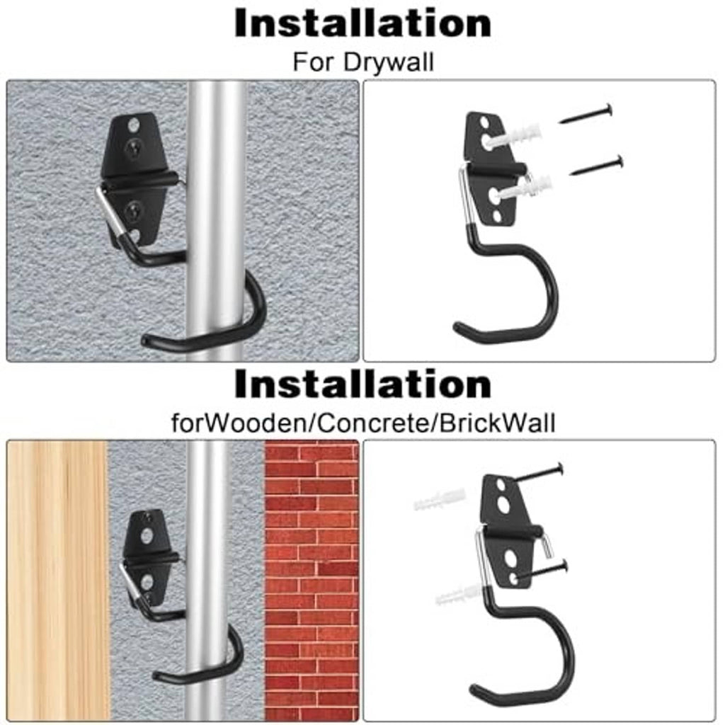Wall-mount broom holder installs on drywall, wood, concrete, or brick with screws