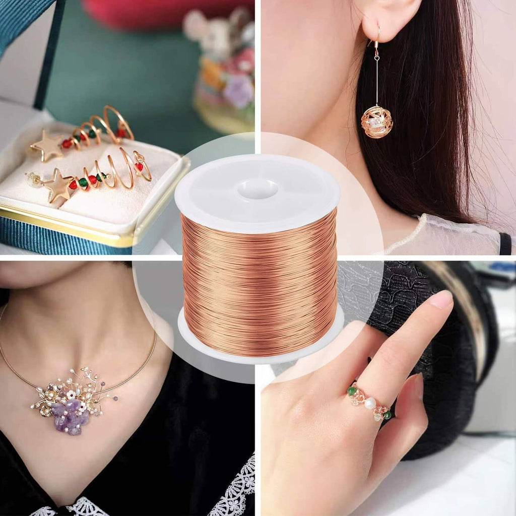 Rose gold wire dangle earrings with round pearl charms, next to wire spool