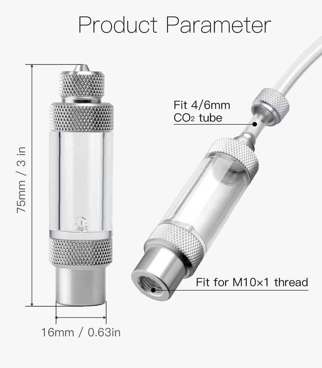 CO2 bubble counter size diagram with clear cylinder and 4/6mm tube and M10x1 thread ports