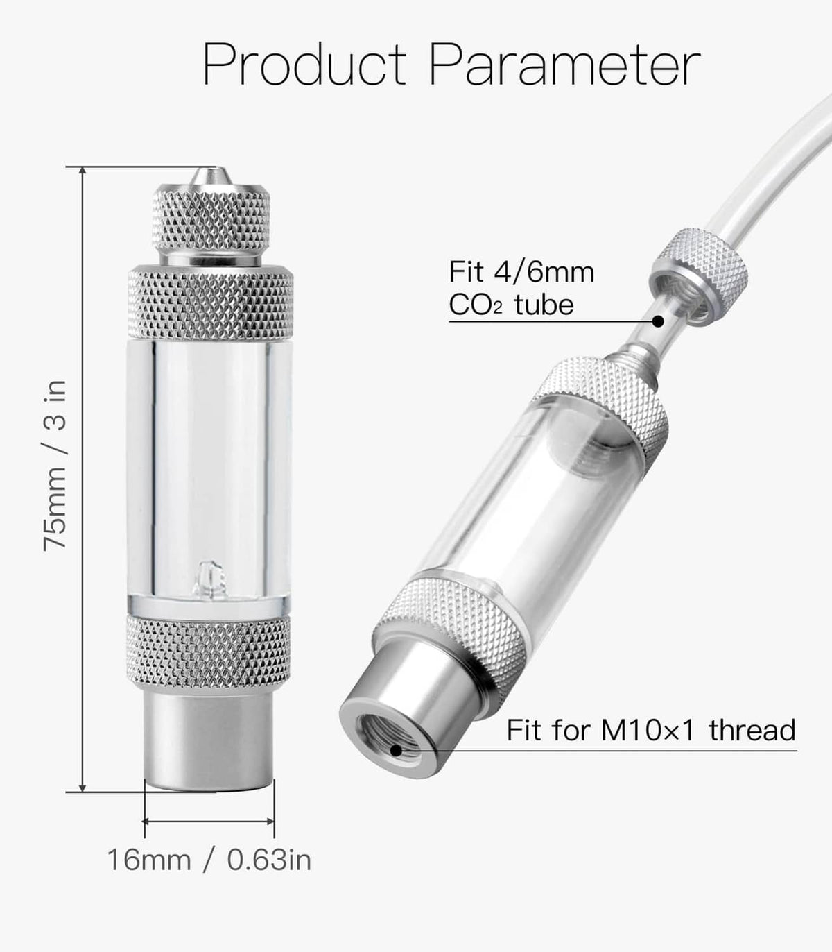 CO2 bubble counter size diagram with clear cylinder and 4/6mm tube and M10x1 thread ports