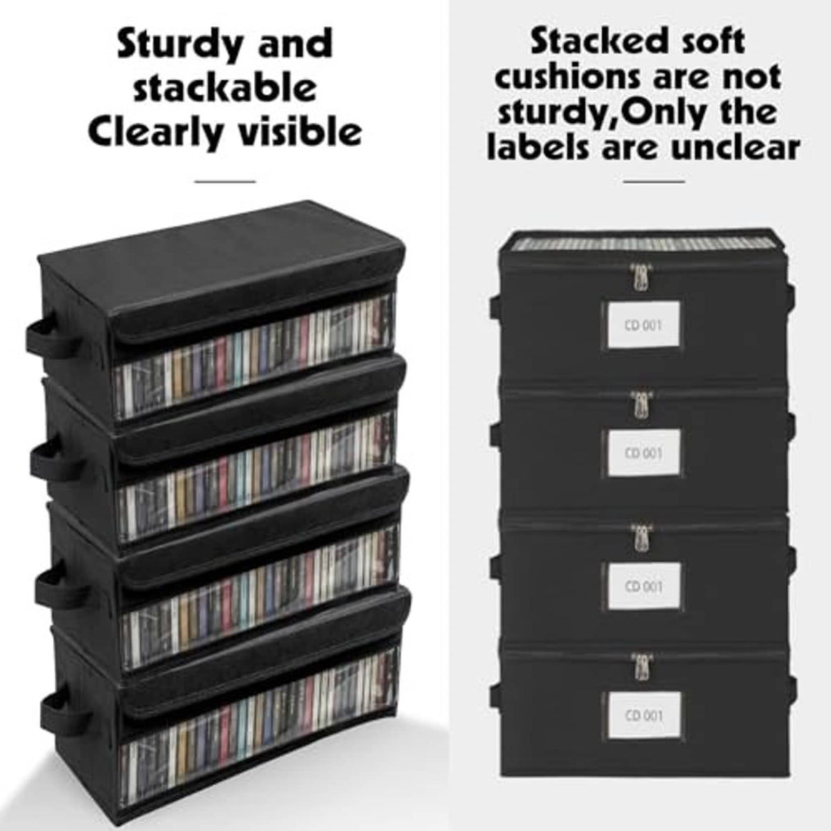 Stackable black CD storage cases with clear windows, secured with clasps and side handles