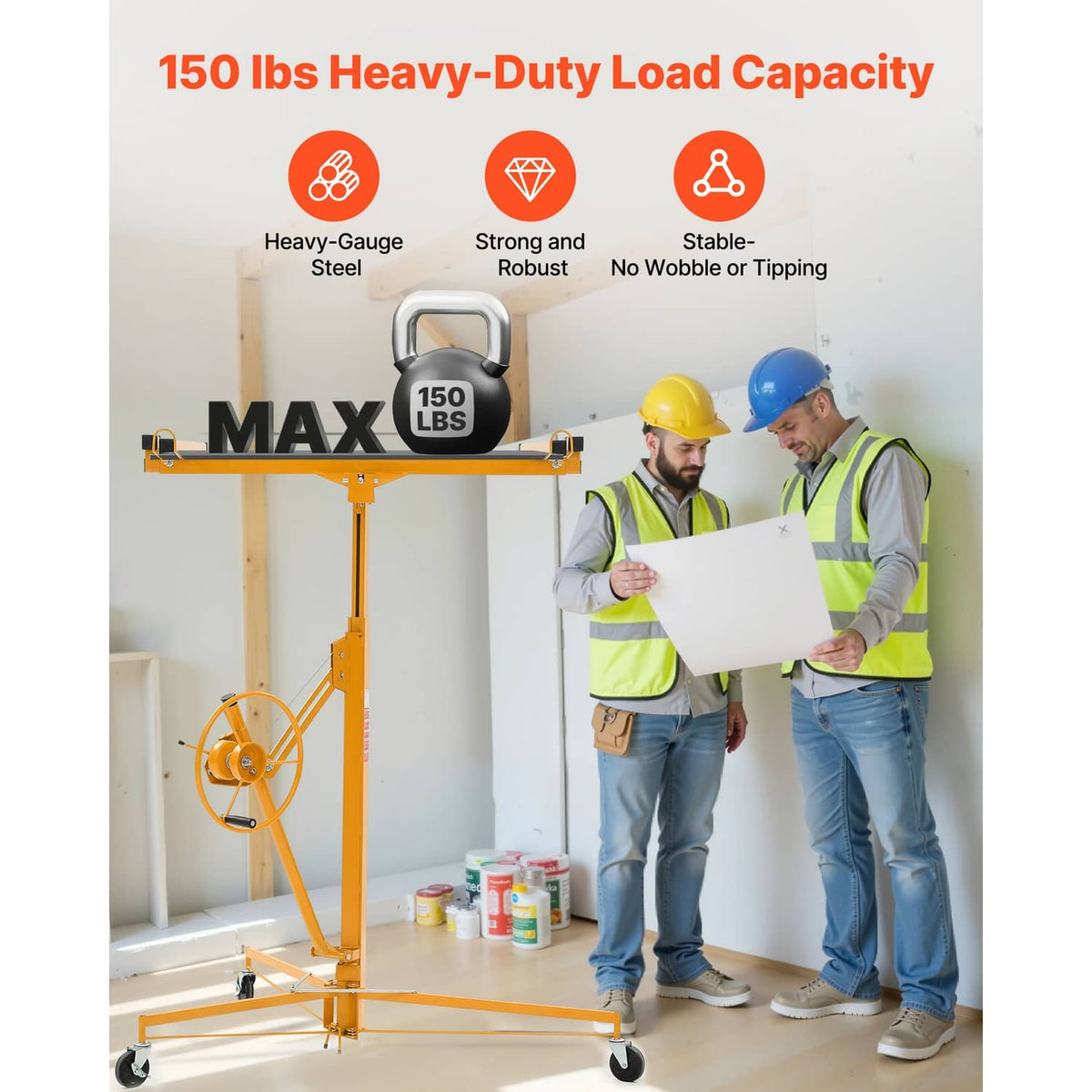Uimoso drywall lifter with orange frame, winch handle, and lockable caster wheels