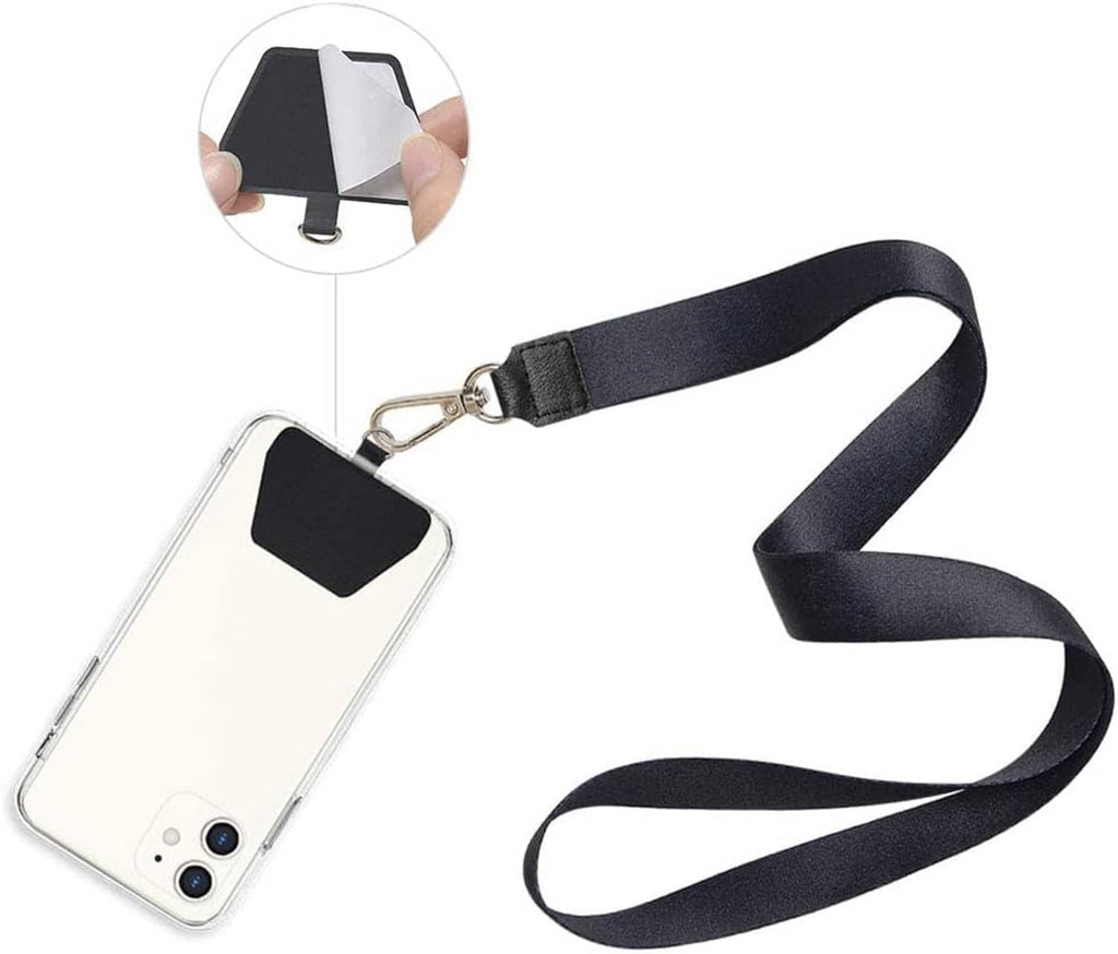 Black phone tether tab and woven lanyard strap for attaching to a phone case