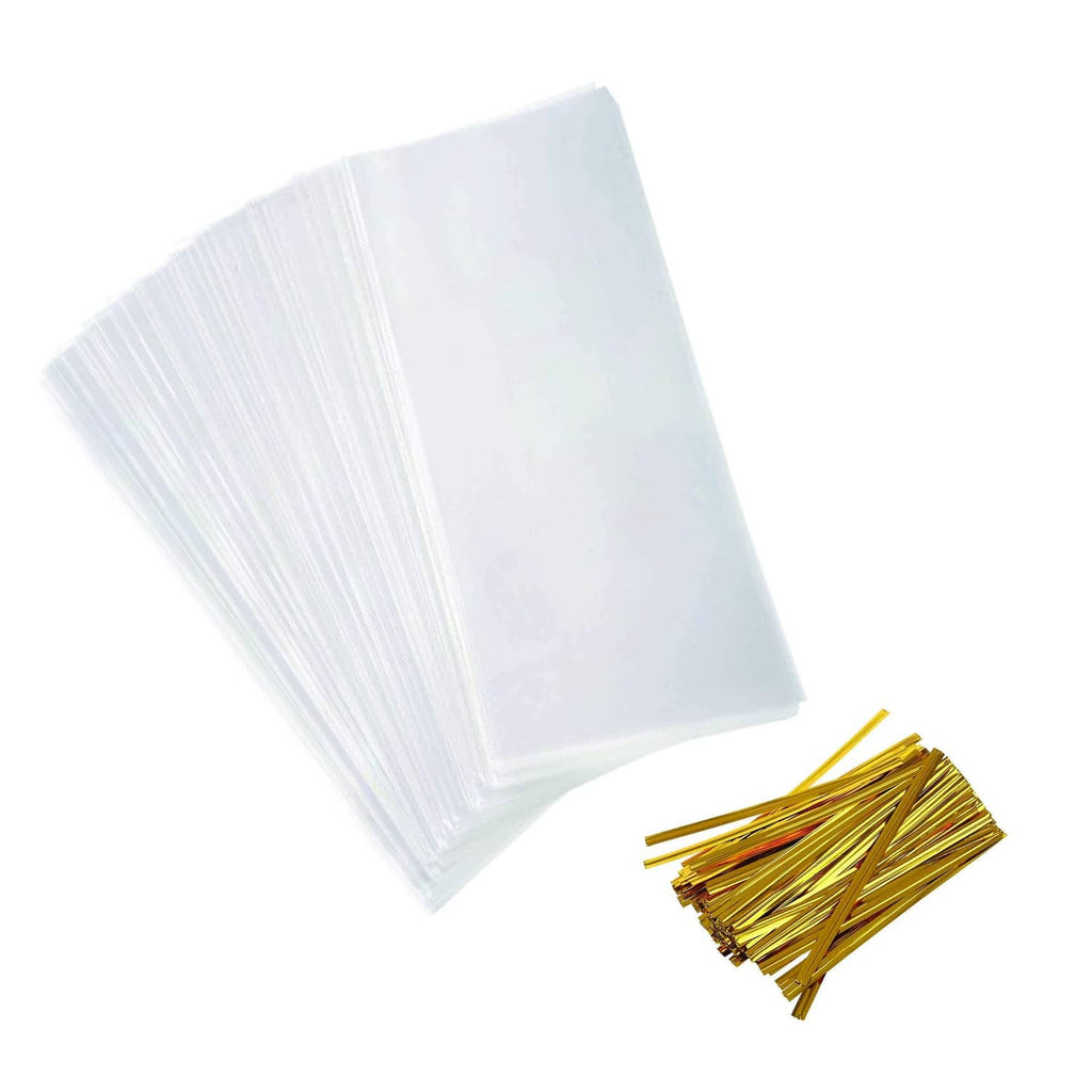 Clear cellophane bags for wine bottles, stacked and folded with open top