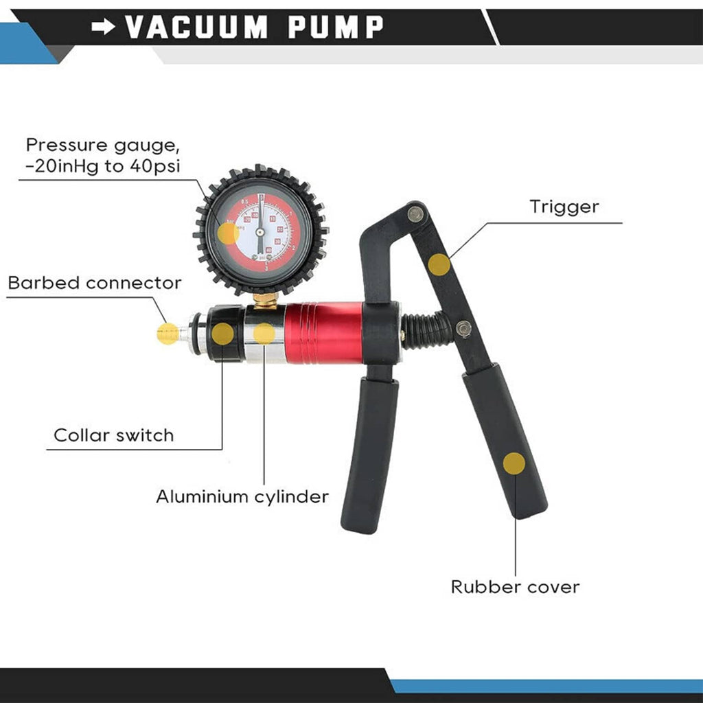 Handheld vacuum pressure pump with pressure gauge, trigger, and barbed connector