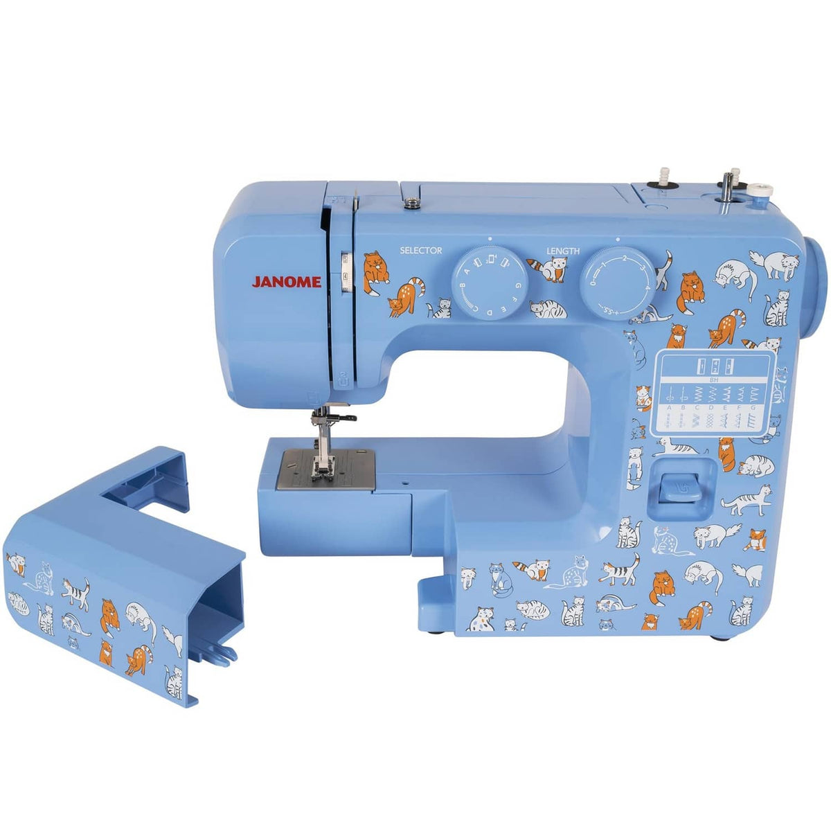 Blue Janome sewing machine with cat decals, angled view showing presser area and dials