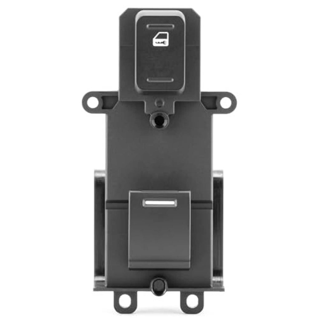 Power window switch front view with window icon and large control button, black plastic.