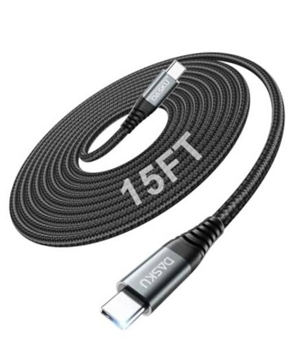 Black braided USB-C to USB-C charging cable, 15 ft length, USB-C connectors