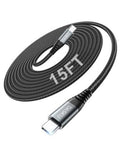 Black braided USB-C to USB-C charging cable, 15 ft length, USB-C connectors
