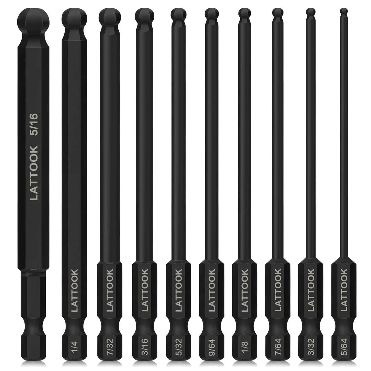 LATTOOK 10-piece black ball-end hex bits with size markings on shanks
