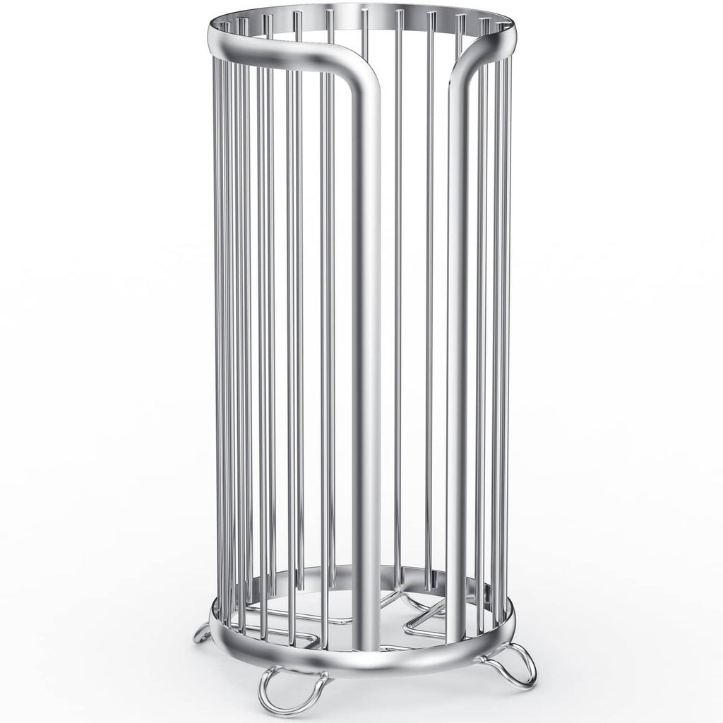 Silver freestanding toilet paper holder stand with open wire cylinder and rounded top