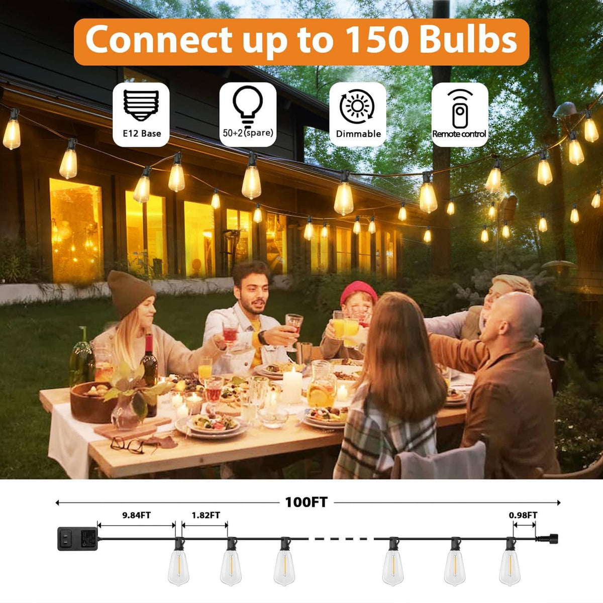 Long 100ft LED string lights with black wire and multiple clear bulbs