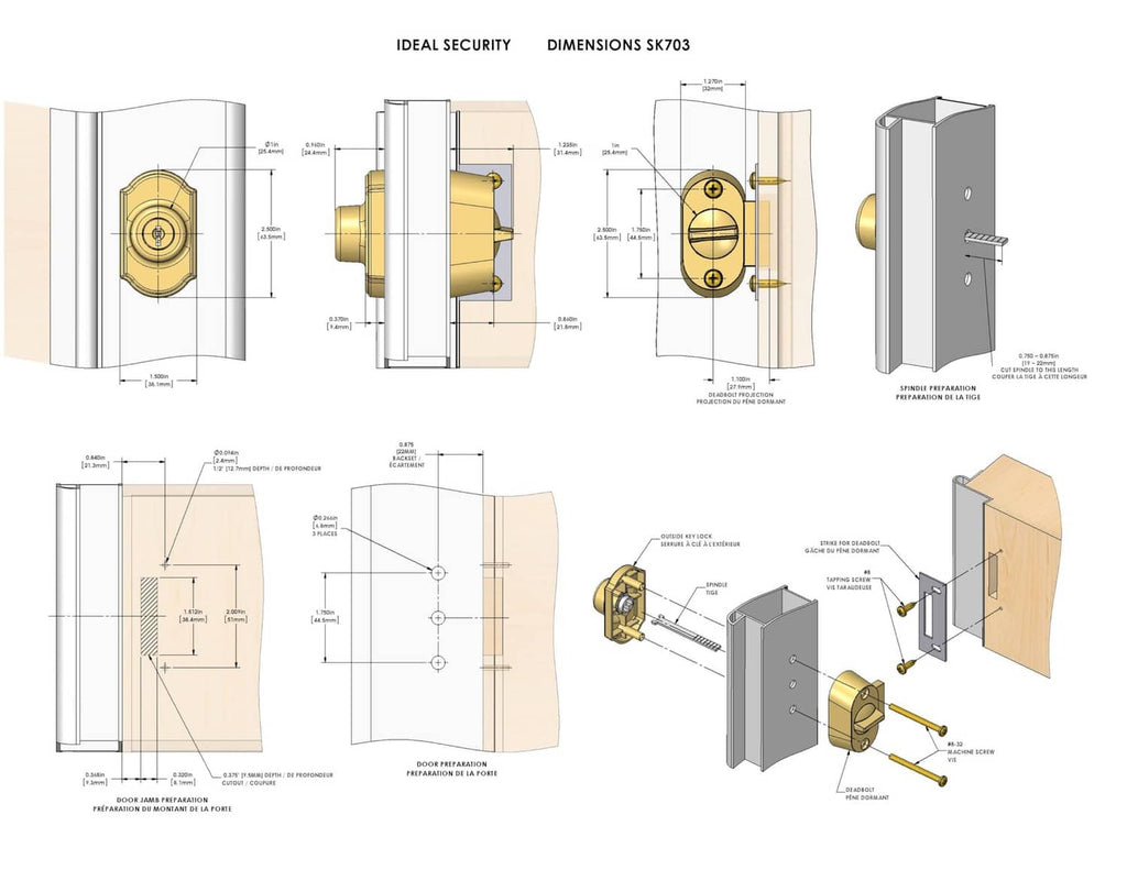 Deadbolt installation diagram with labeled components and dimensions