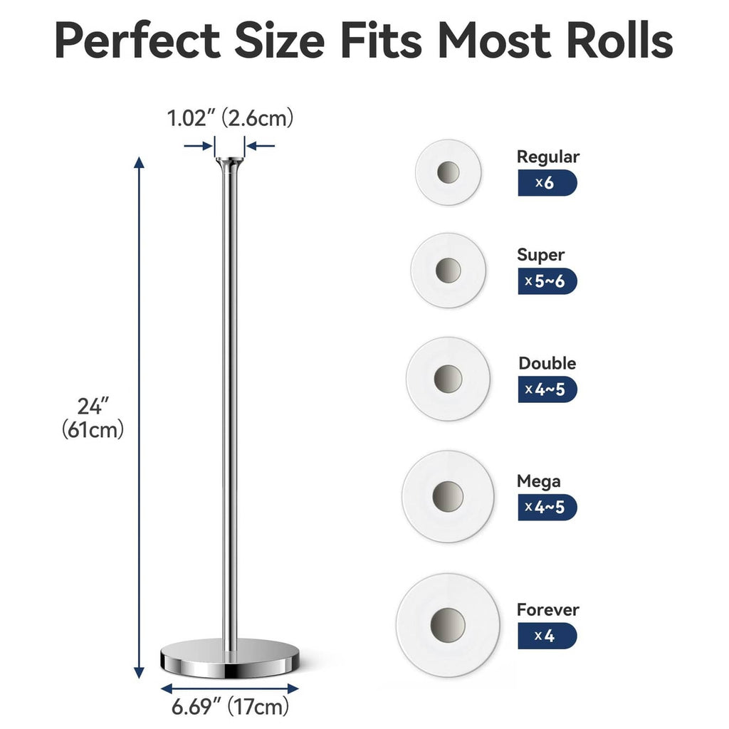 Freestanding toilet paper holder stand size guide, fits most roll types