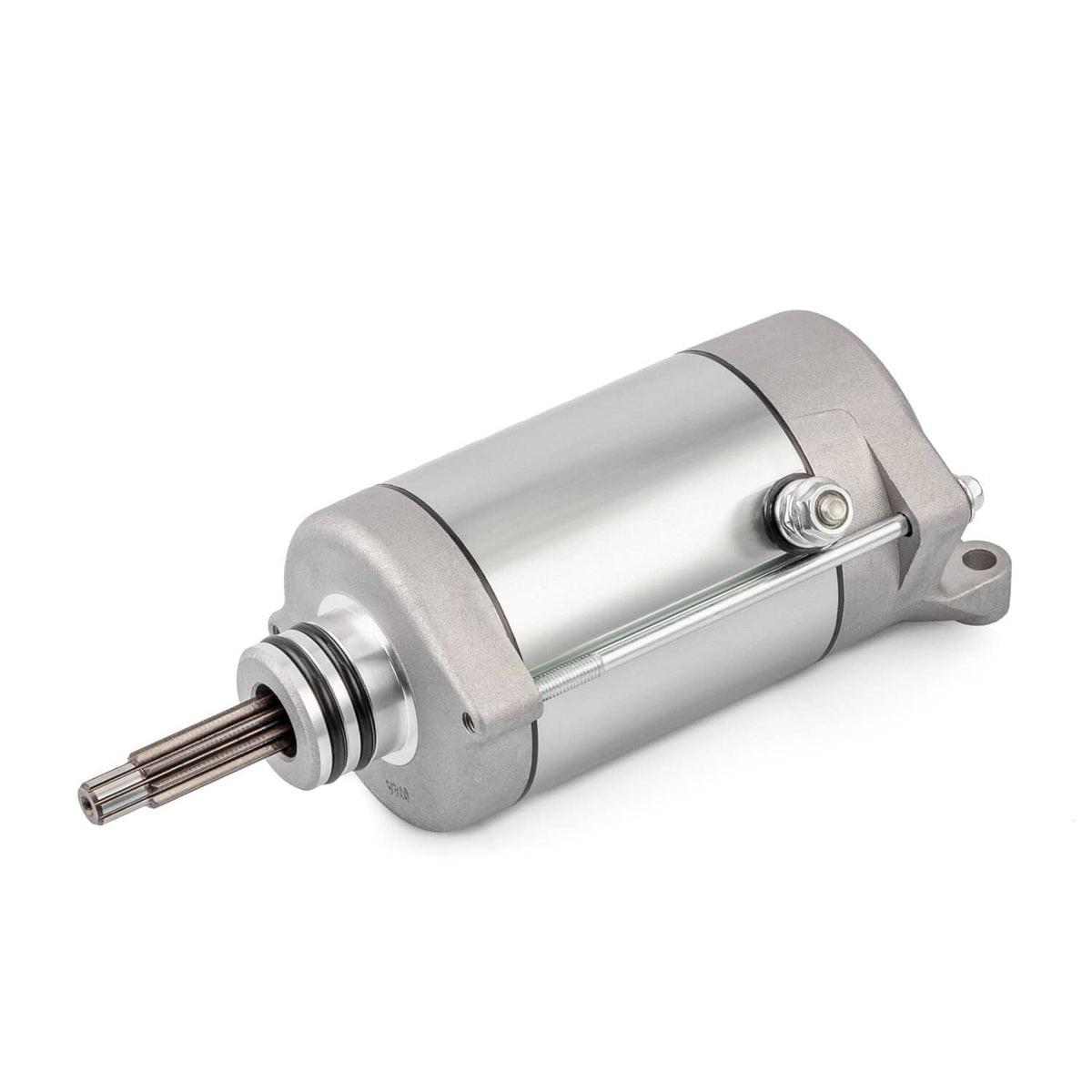 Starter motor with silver housing, output shaft, and top retaining bolt