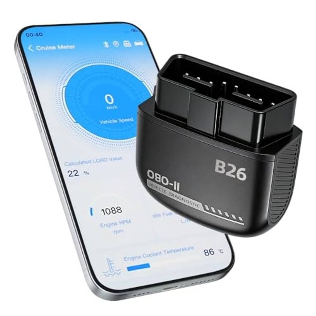 B26 OBD-II Bluetooth scanner angled view with black OBD connector and phone screen
