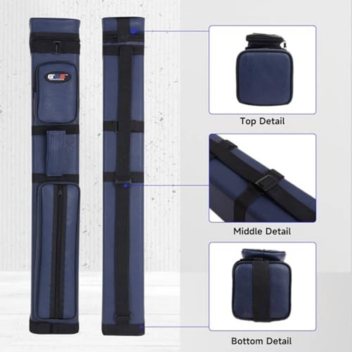 Blue hard pool cue case with top pocket and bottom compartment, side view
