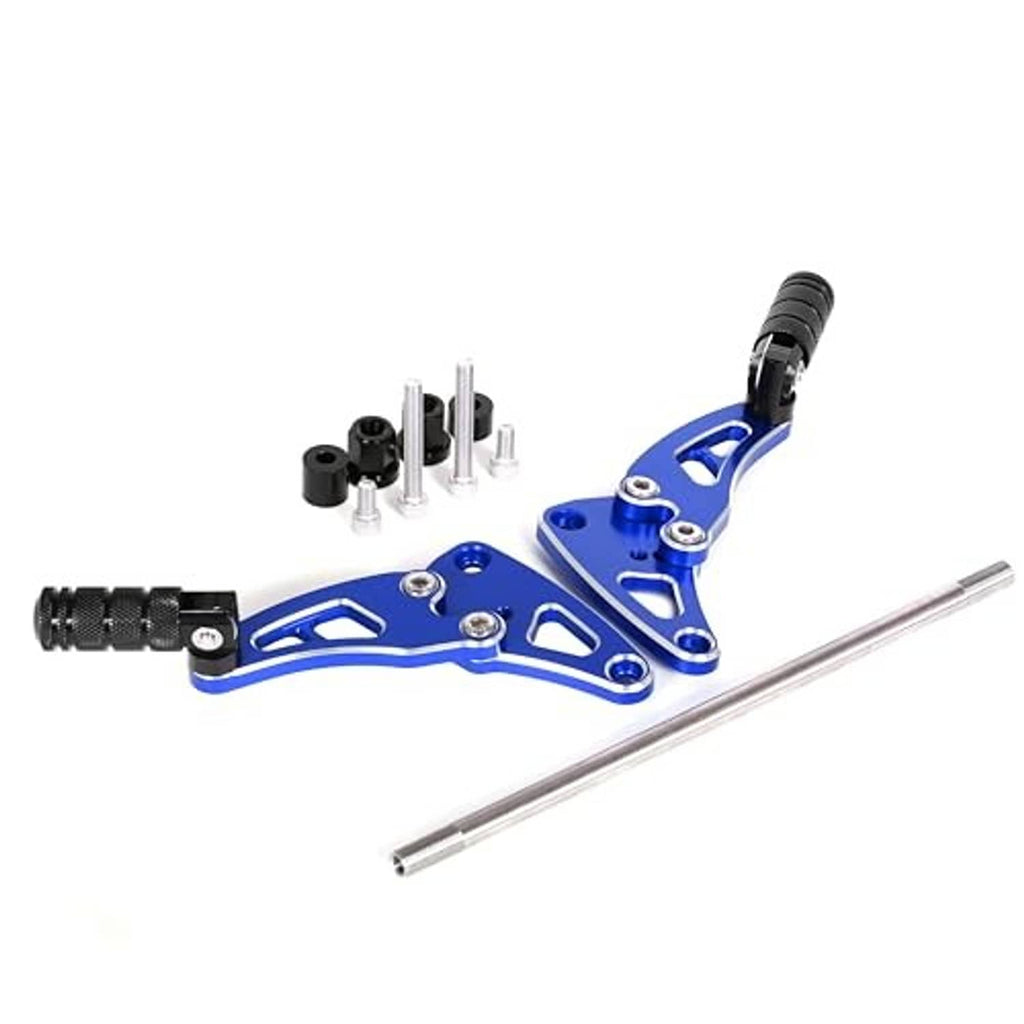 Blue folding rear passenger footrest pedal set with black rubber peg and silver rod