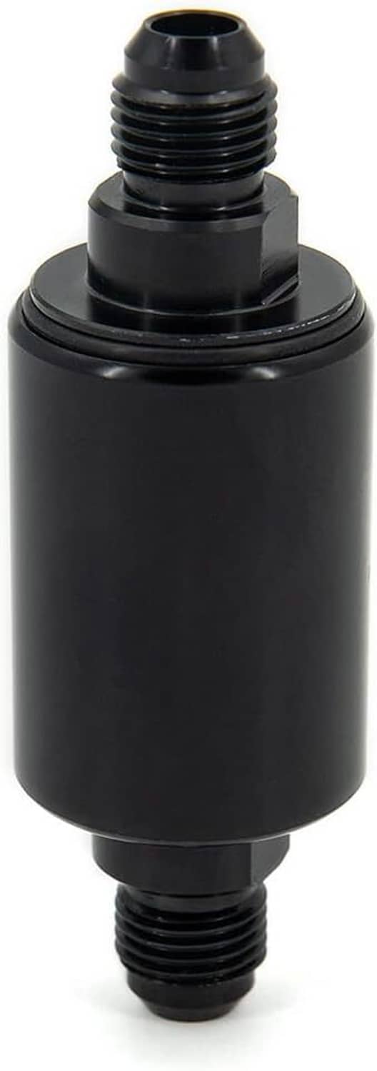 AN6 inline fuel filter end view, black housing with stacked threaded fitting