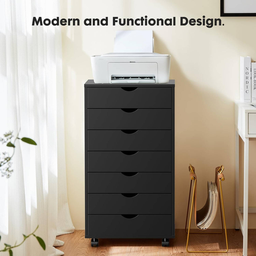 Black 7-drawer printer stand cabinet on caster wheels