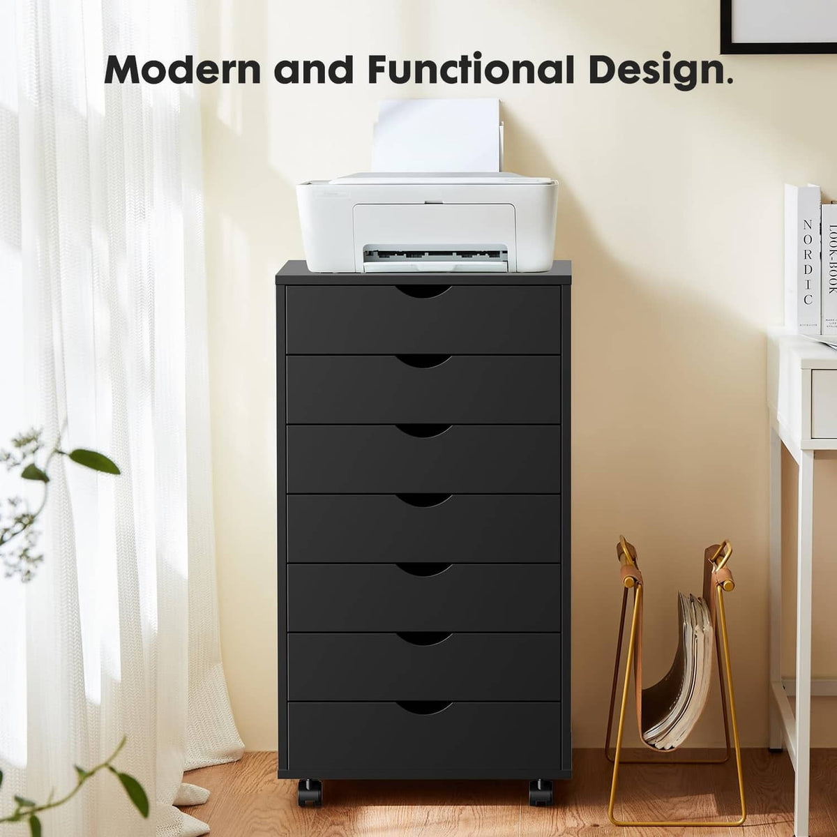 Black 7-drawer printer stand cabinet on caster wheels