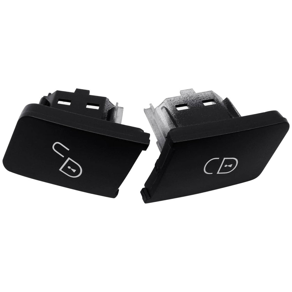 Two black door lock switch buttons with lock icon, each with mounting clips