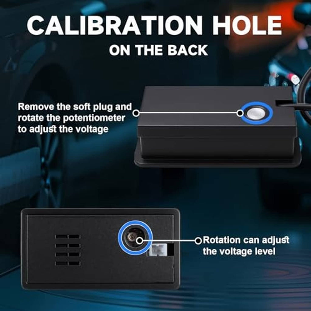 Battery monitor back with calibration hole and blue adjustment port, black body