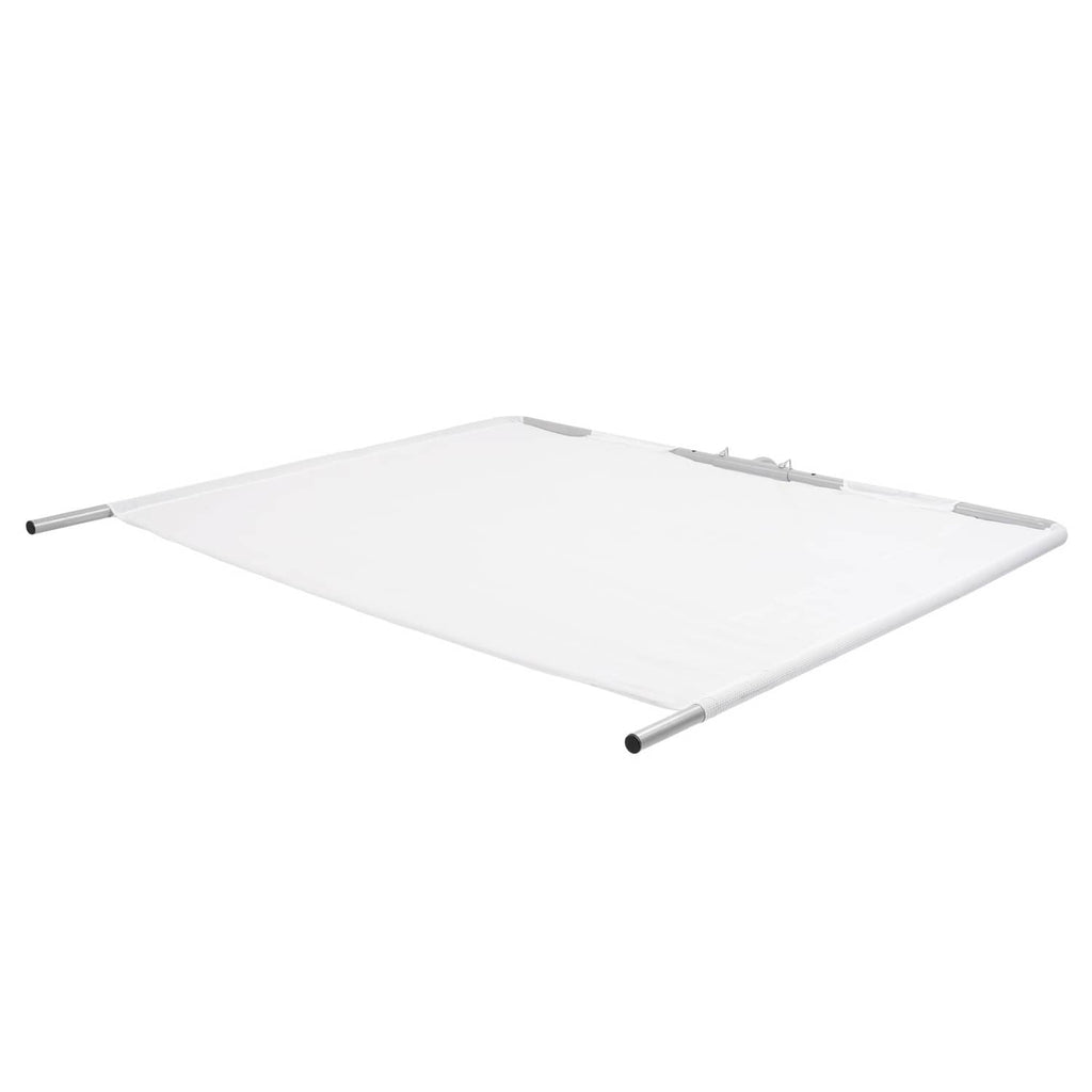 White boat sun shade canopy with four silver support poles and mesh fabric