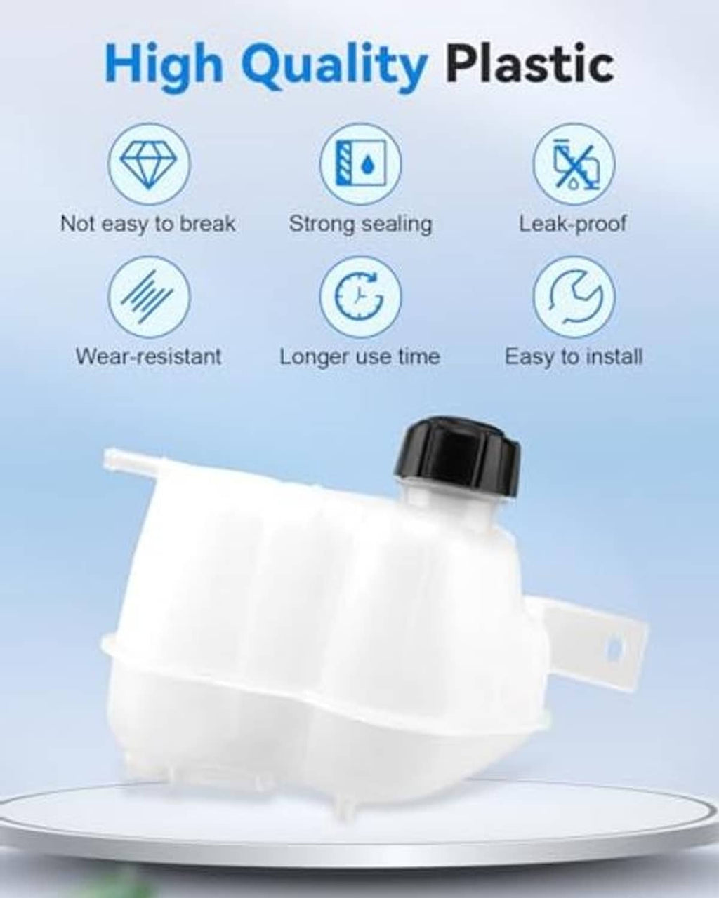 Engine coolant reservoir tank bottle in white plastic with black cap on base