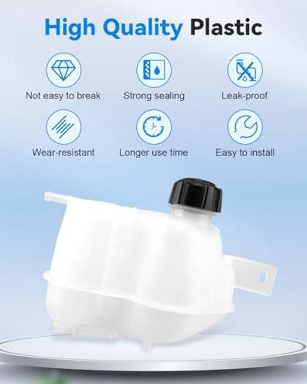 Engine coolant reservoir tank bottle in white plastic with black cap on base