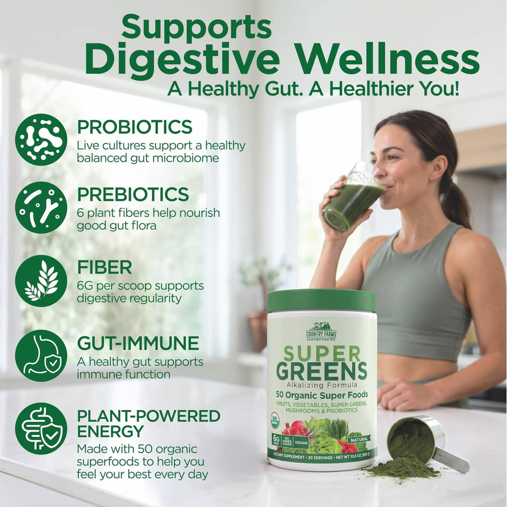 Super Greens supplement container next to a drink, with digestive wellness benefits icons