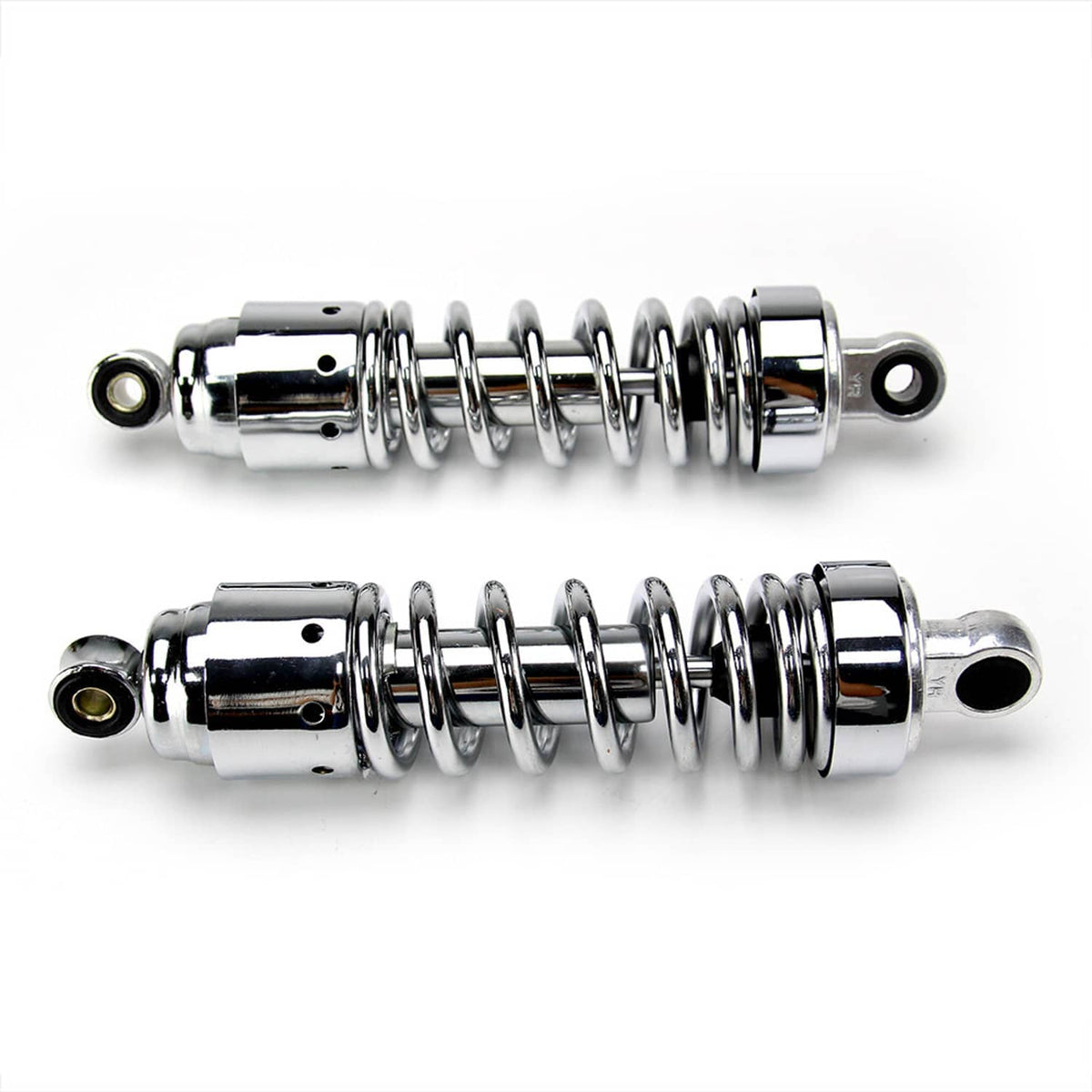 Pair of chrome rear shock absorbers with coil springs and eyelet mounts