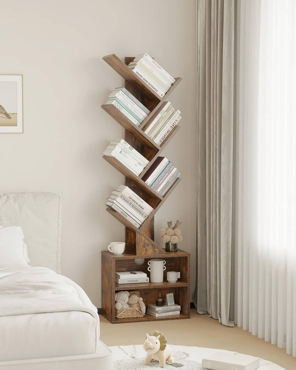 Brown 6-tier tree bookshelf beside bed with angled shelves and lower open cabinet