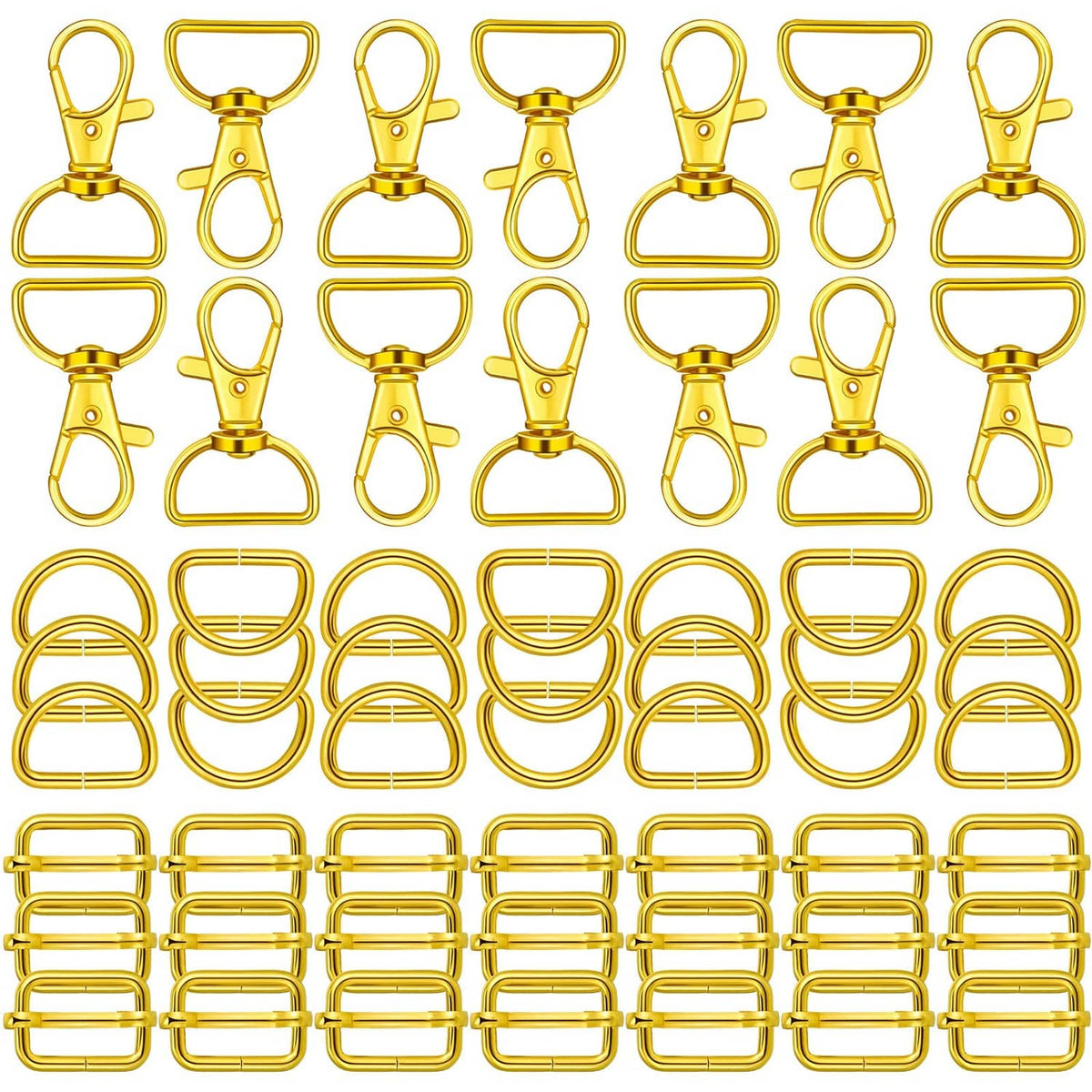 Gold D-ring purse hardware set, assorted clips and rings, 25 mm