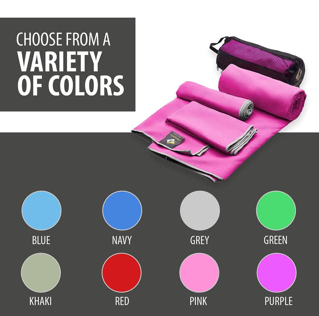 Pink microfiber towel set with rolled towels and mesh storage bag