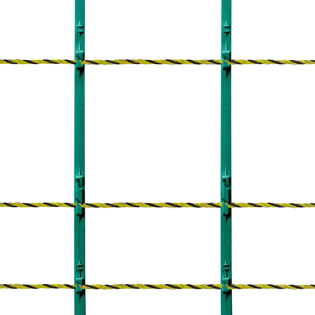 Close view of electric fence wire connections on green posts with yellow-black strands