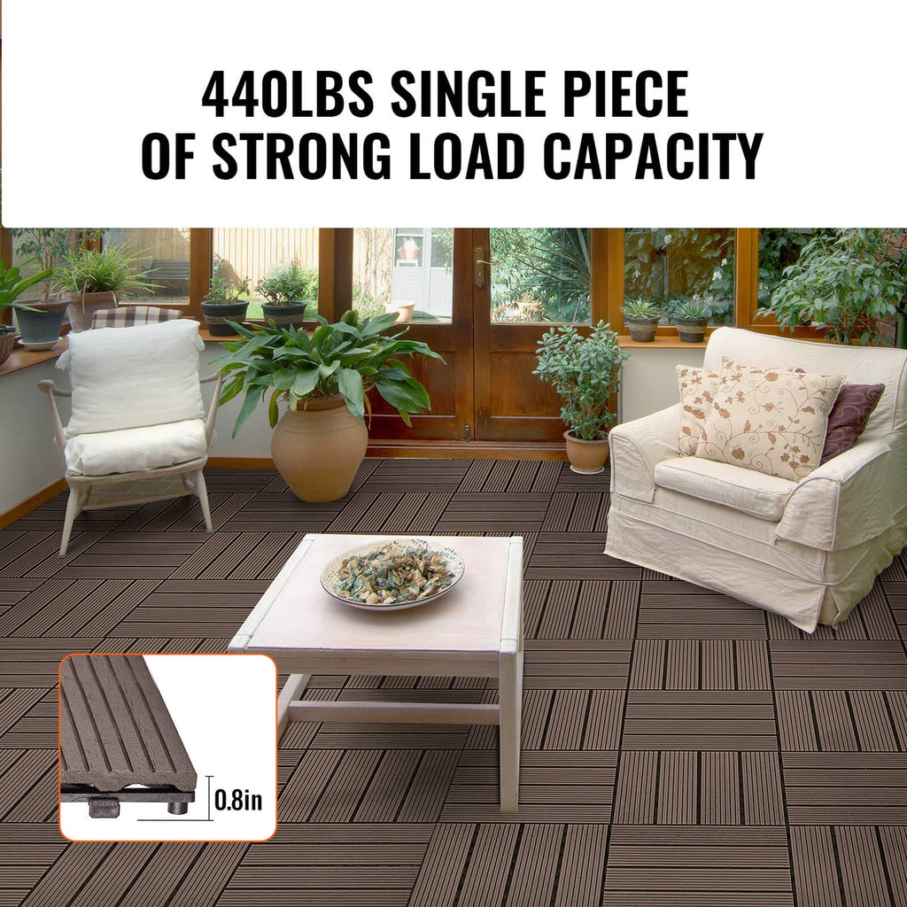 Interlocking deck tile flooring in dark brown with raised ridges and grid seams