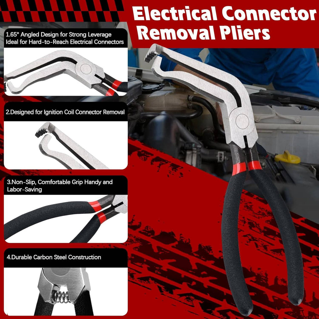 Electrical connector removal pliers with black grips and red accents, angled jaw design