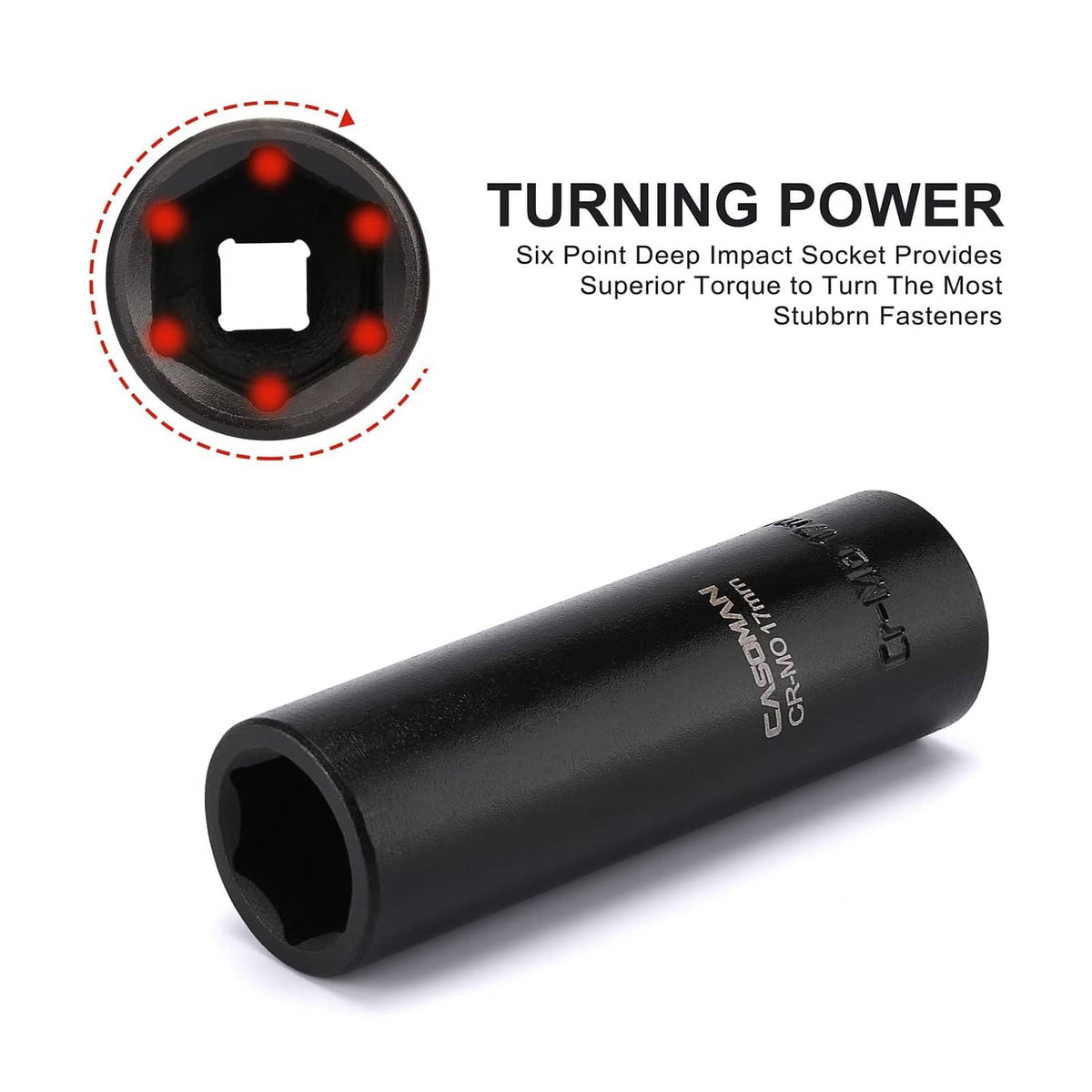 Black deep impact socket with engraved markings and visible drive opening