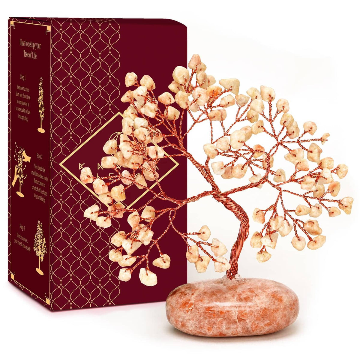 Sunstone crystal tree ornament with red wire branches and orange-pink stone base