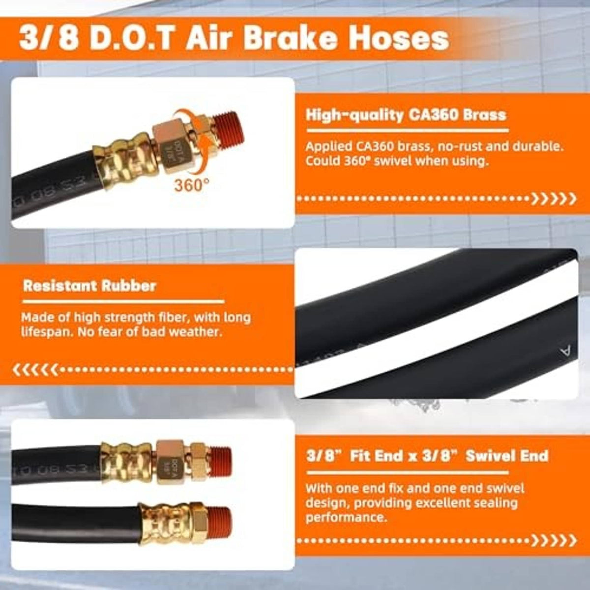 Black air brake hose with brass 360-style swivel end fitting and threaded connector