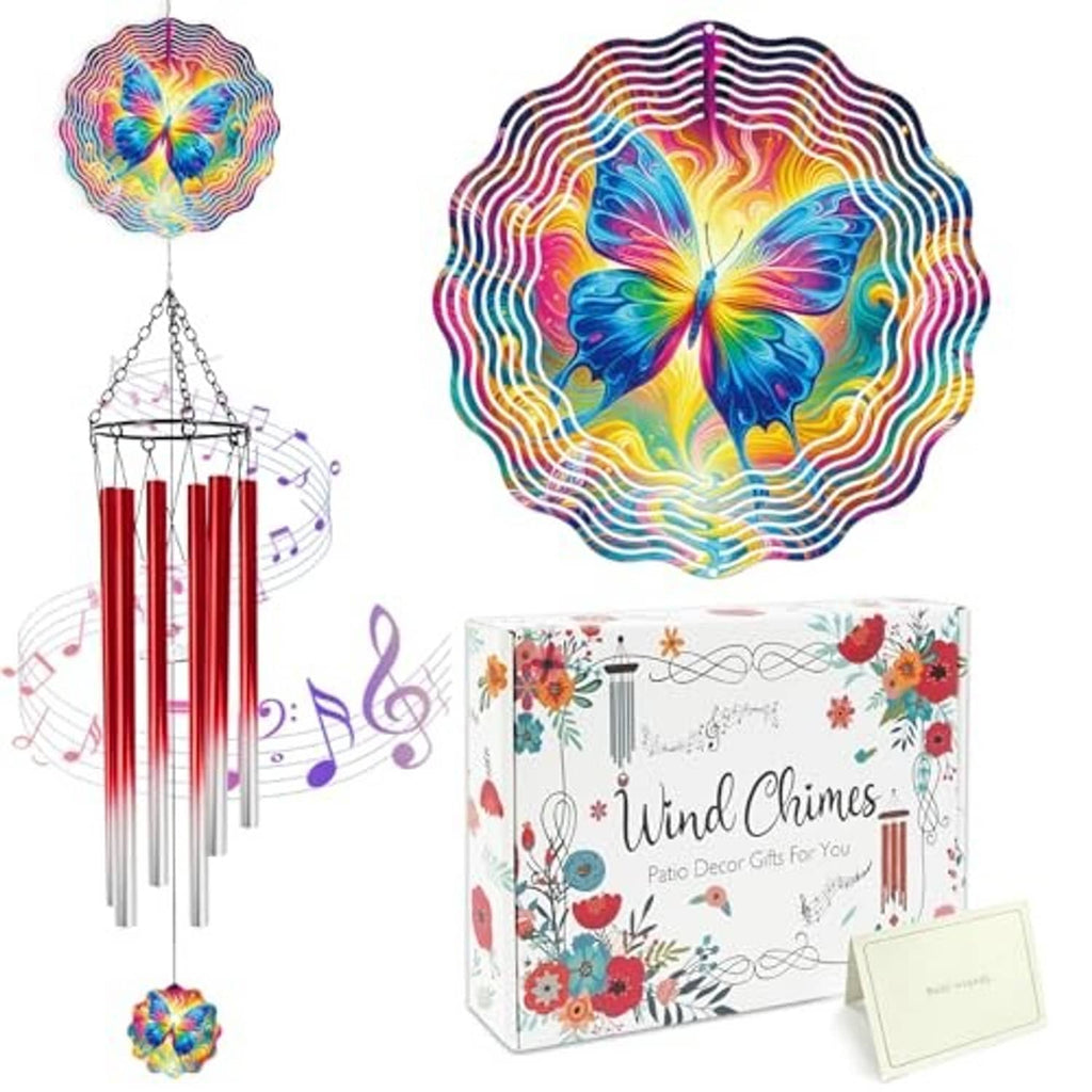Butterfly wind chime with rainbow disc and red tubes, shown with floral wind chimes gift box