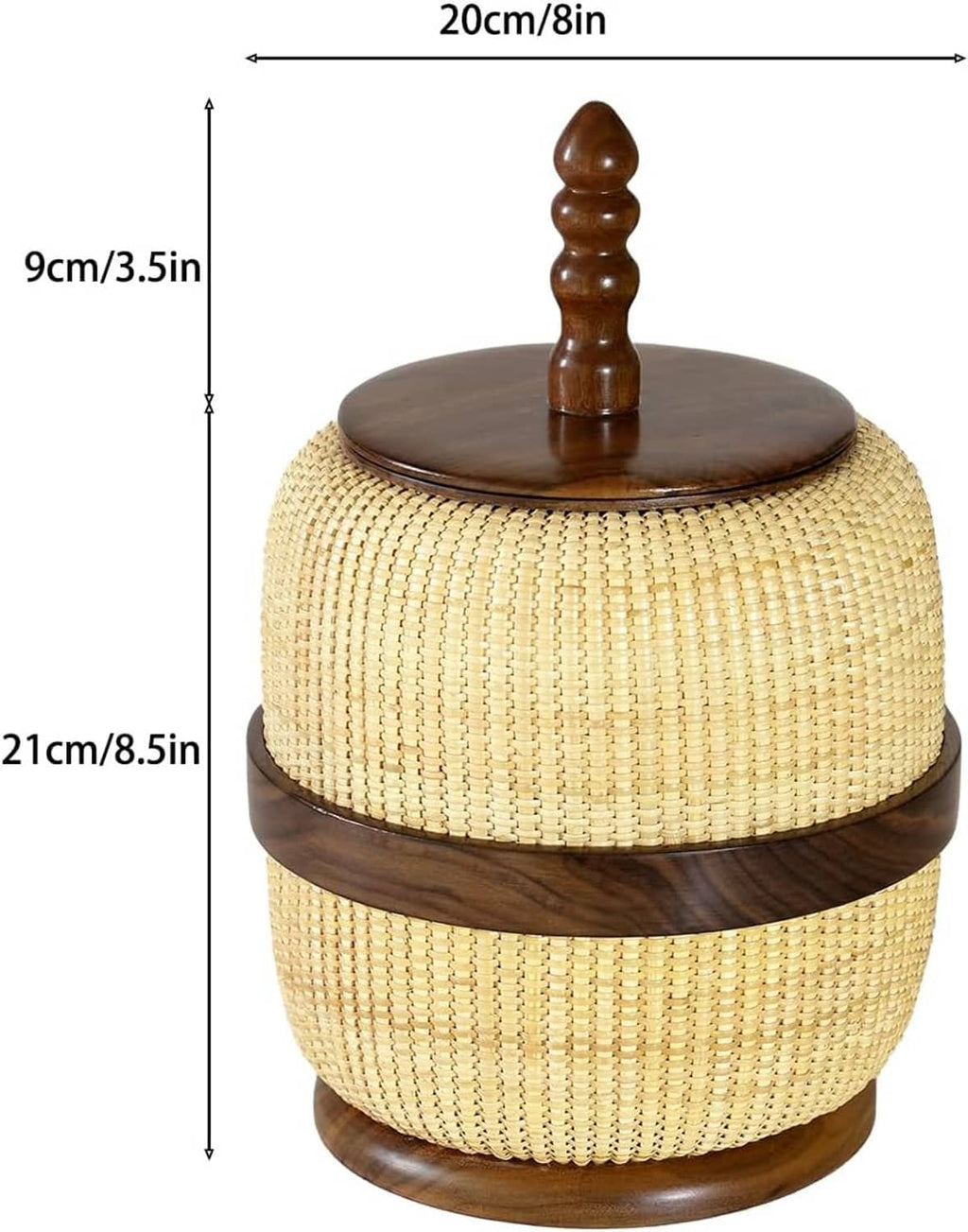 Woven rattan circular storage basket with wooden lid and finial, yellow beige; 20cm wide