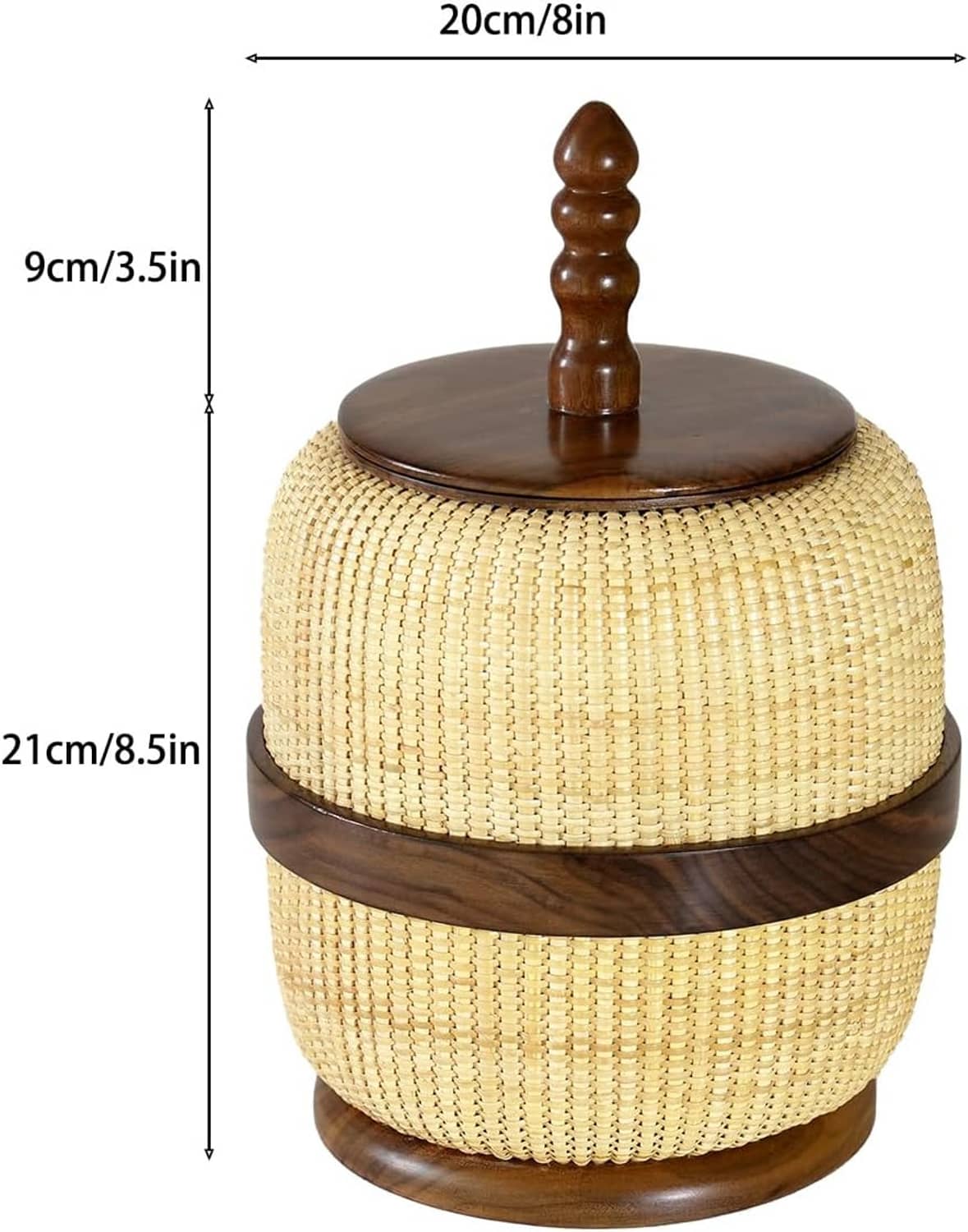 Woven rattan circular storage basket with wooden lid and finial, yellow beige; 20cm wide