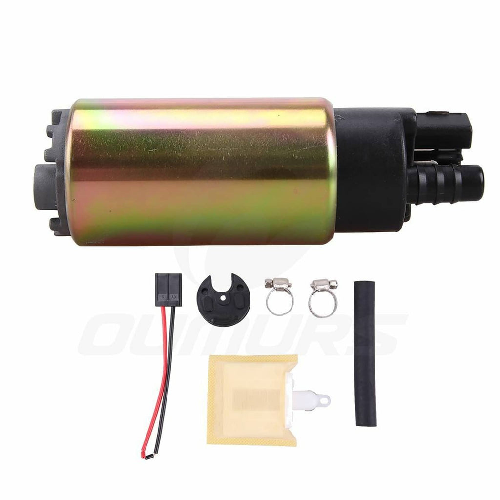 Fuel intank pump viewed from side: black connector, iridescent metal cylinder, included parts