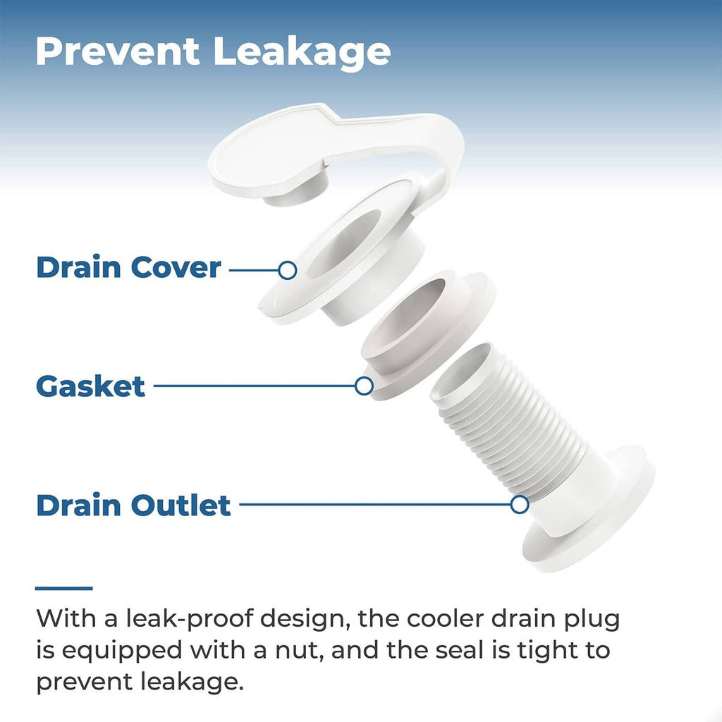 Cooler drain plug components: drain cover, gasket ring, threaded drain outlet, white