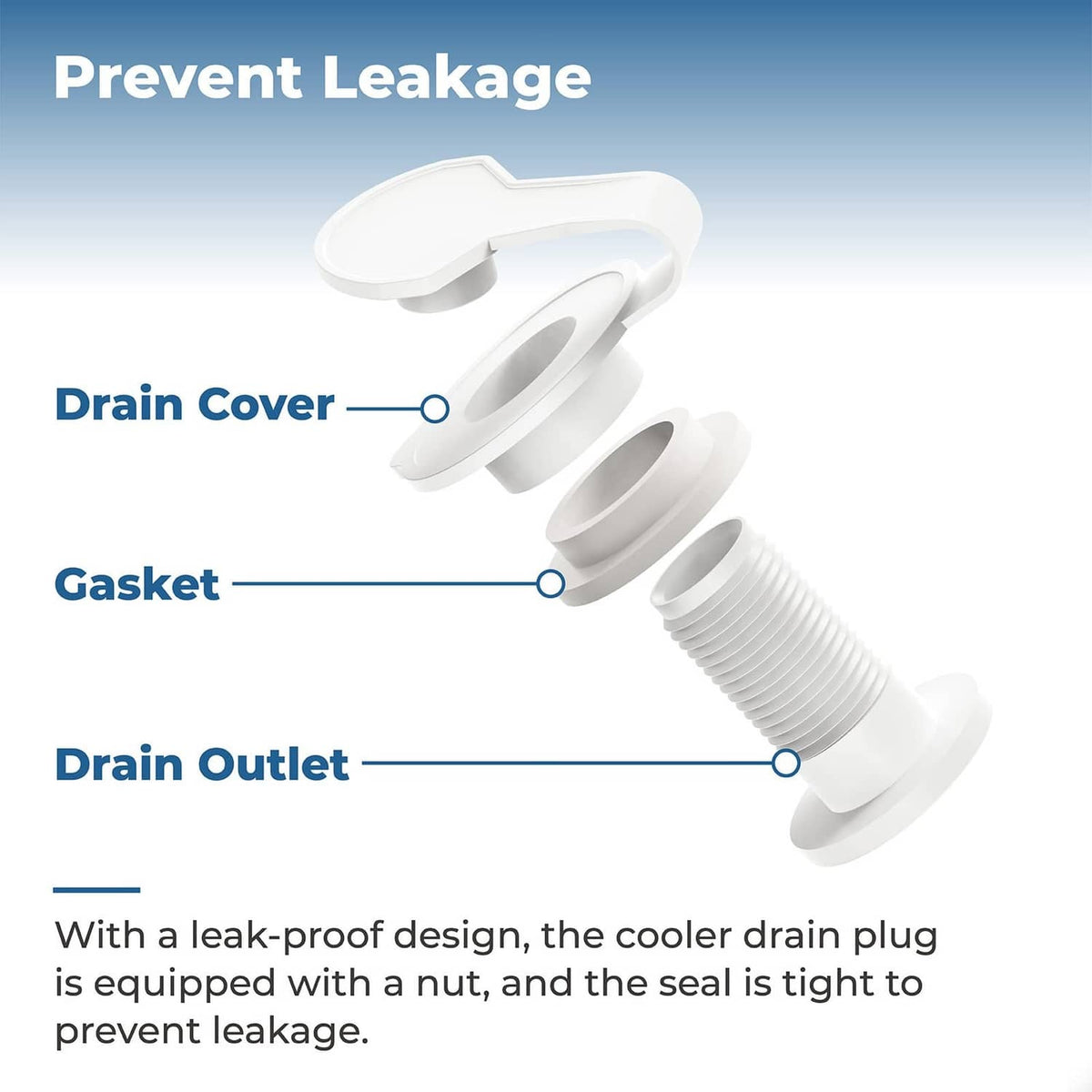 Cooler drain plug components: drain cover, gasket ring, threaded drain outlet, white