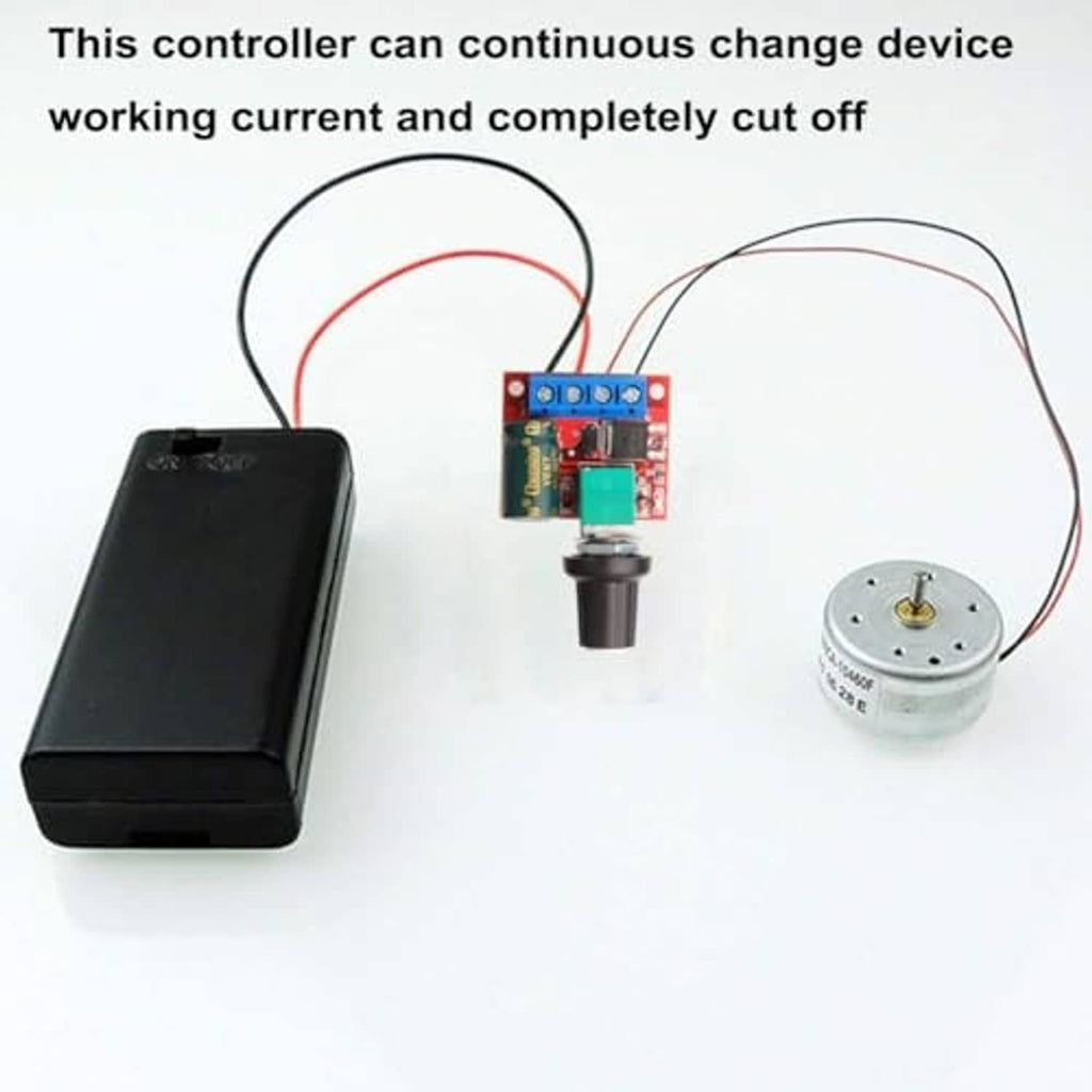 DC motor PWM speed controller with small circuit board, wires, and DC motor