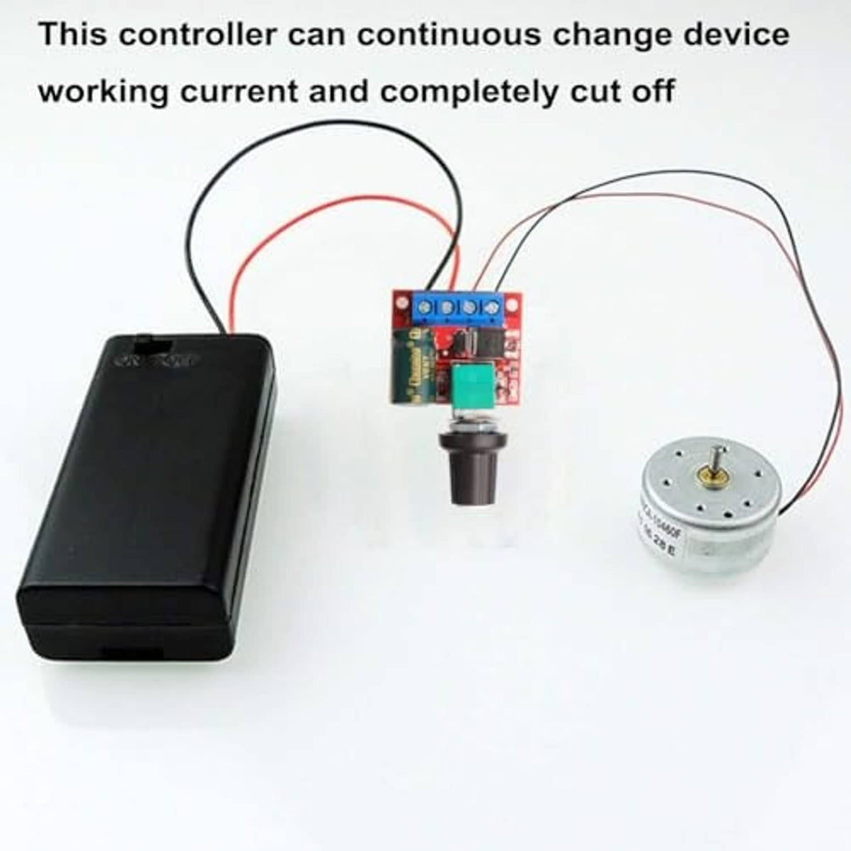 DC motor PWM speed controller with small circuit board, wires, and DC motor
