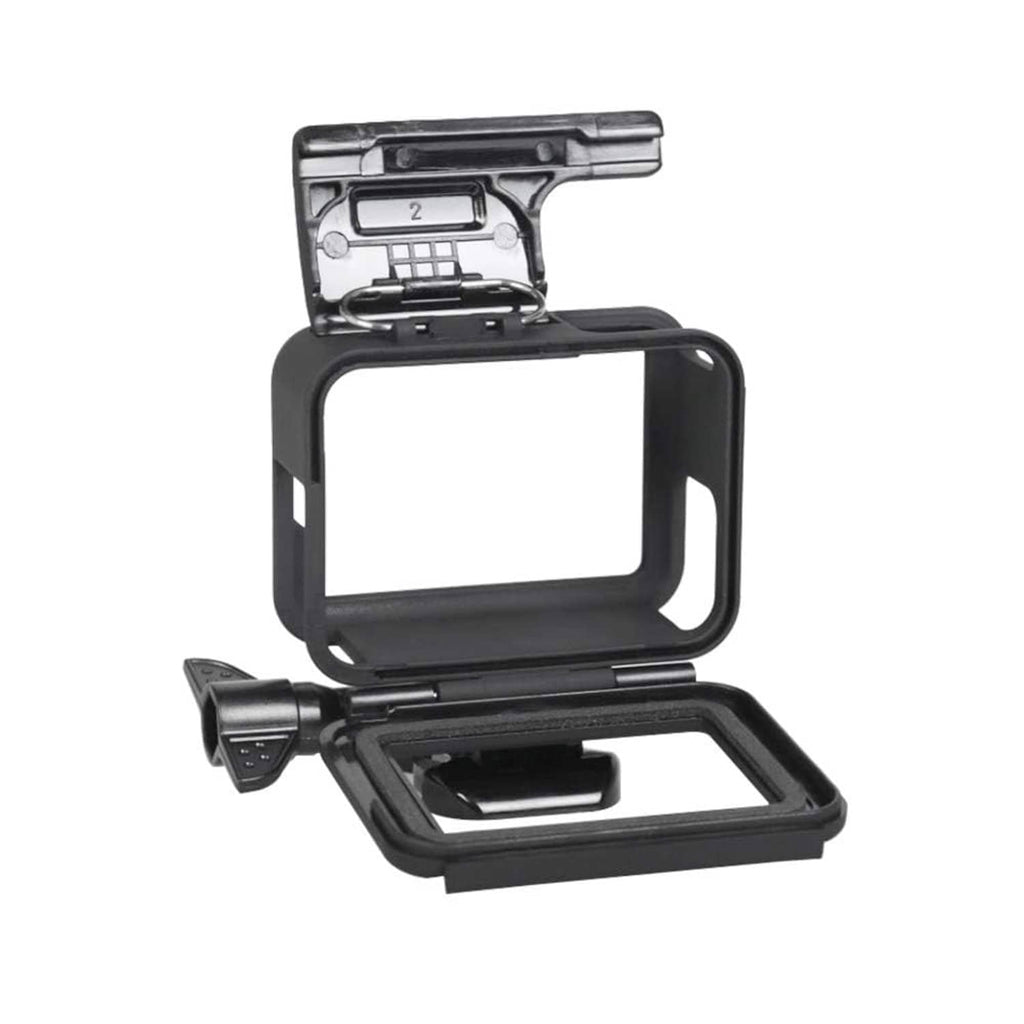 Black action camera frame housing with open protective shell and mounting base